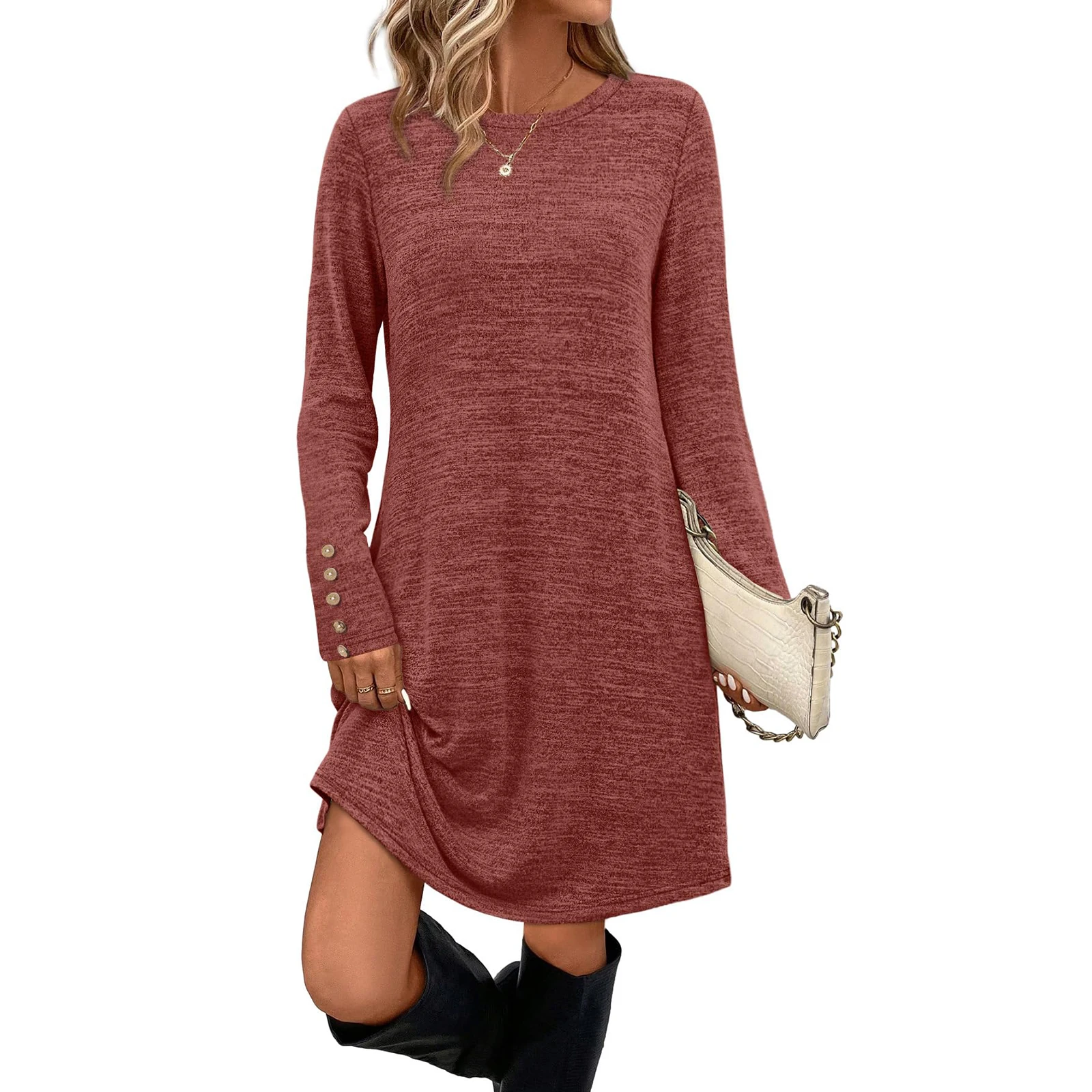 فستان نسائي بقلنسوة بأكمام طويلة ورقبة دائرية وجيب مطوي وجيب مريح كاجوال متوسط الطول وتنورة على شكل حرف A فساتين سهرة