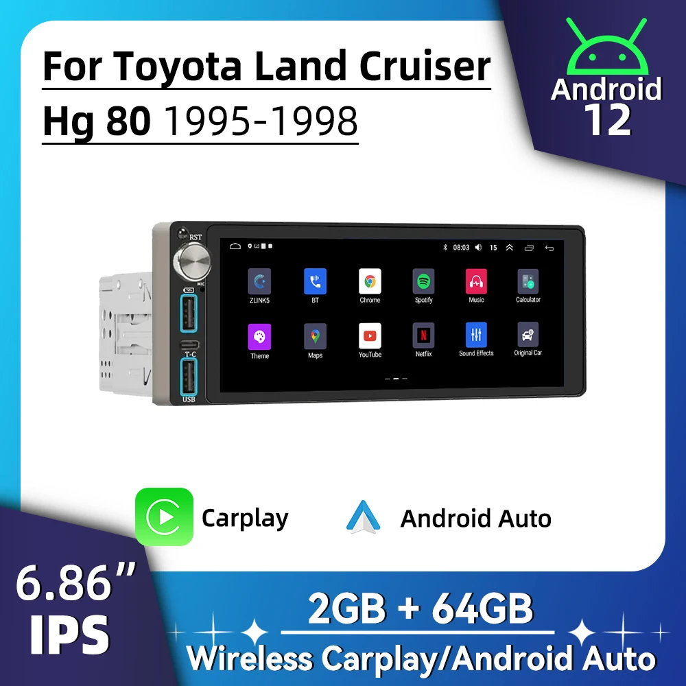 شاشة 6.86 بوصة وسائط متعددة للسيارة تعمل بنظام أندرويد لسيارة تويوتا لاند كروزر Hg 80 1995-1998 وحدة رأس ستيريو راديو 1 Din Carplay GPS Wifi Auto