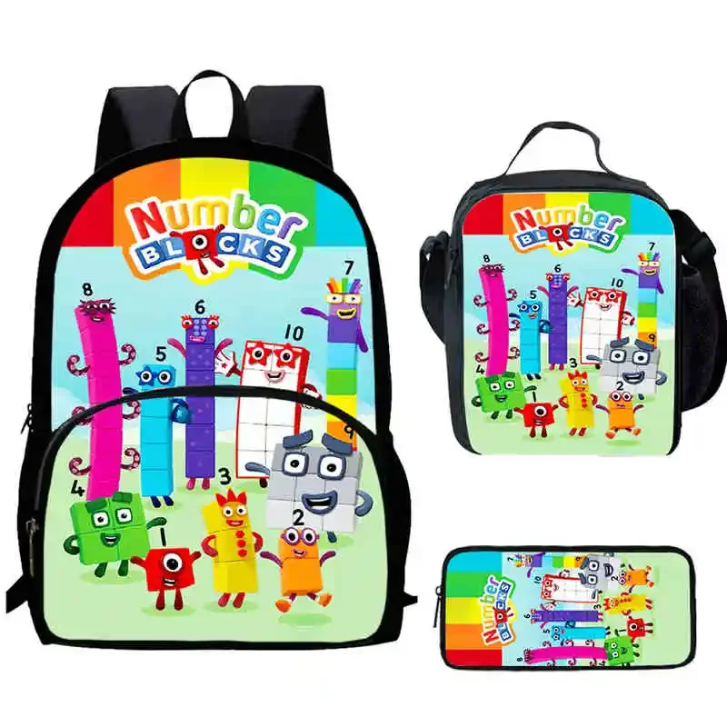 Cartoon Numberblocks Child Backpack with Front Pocket,Lunch Bags,Pencil Bags for Aged 5-10 Boys Girls,Large Capacity Book Bags