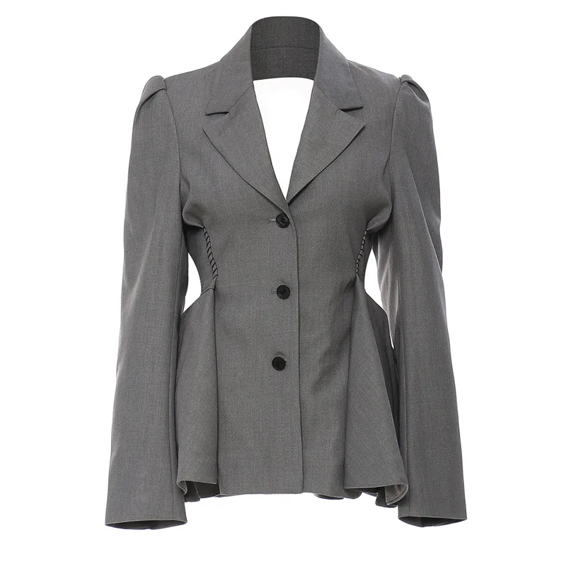 

Women's Slimming Effect Suit Coat Fitted Waist Jacket Backless Lace-up with Ruffle Hem Coats Gray