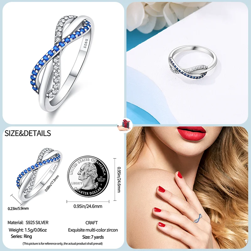 925 anel de zircão trançado prata esterlina para mulheres, colorido, espumante, requintado, noivado, festa de casamento, presente joalheria, azul