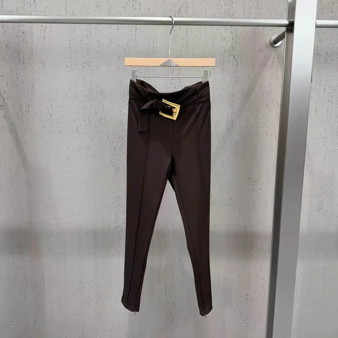 High Street Pants Women's High Waisted Slimming Black Casual Pants Metal Buckle Decoration Hanging Elastic Slim Fit Pants