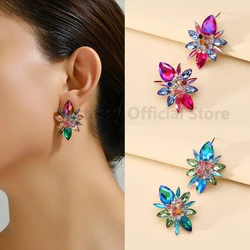 Geometric Shiny Rhinestone Inlaid Piercing Earrings Elegant Colorful Ear Jewelry Decoration For Women Luxury Party Favors Gift