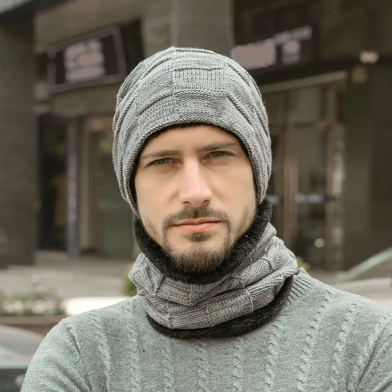 Gorro de lã xadrez masculino, conjunto de cachecol, chapéu de malha, gaiter pescoço, monocromático, forro de lã, manter quente, inverno, atacado