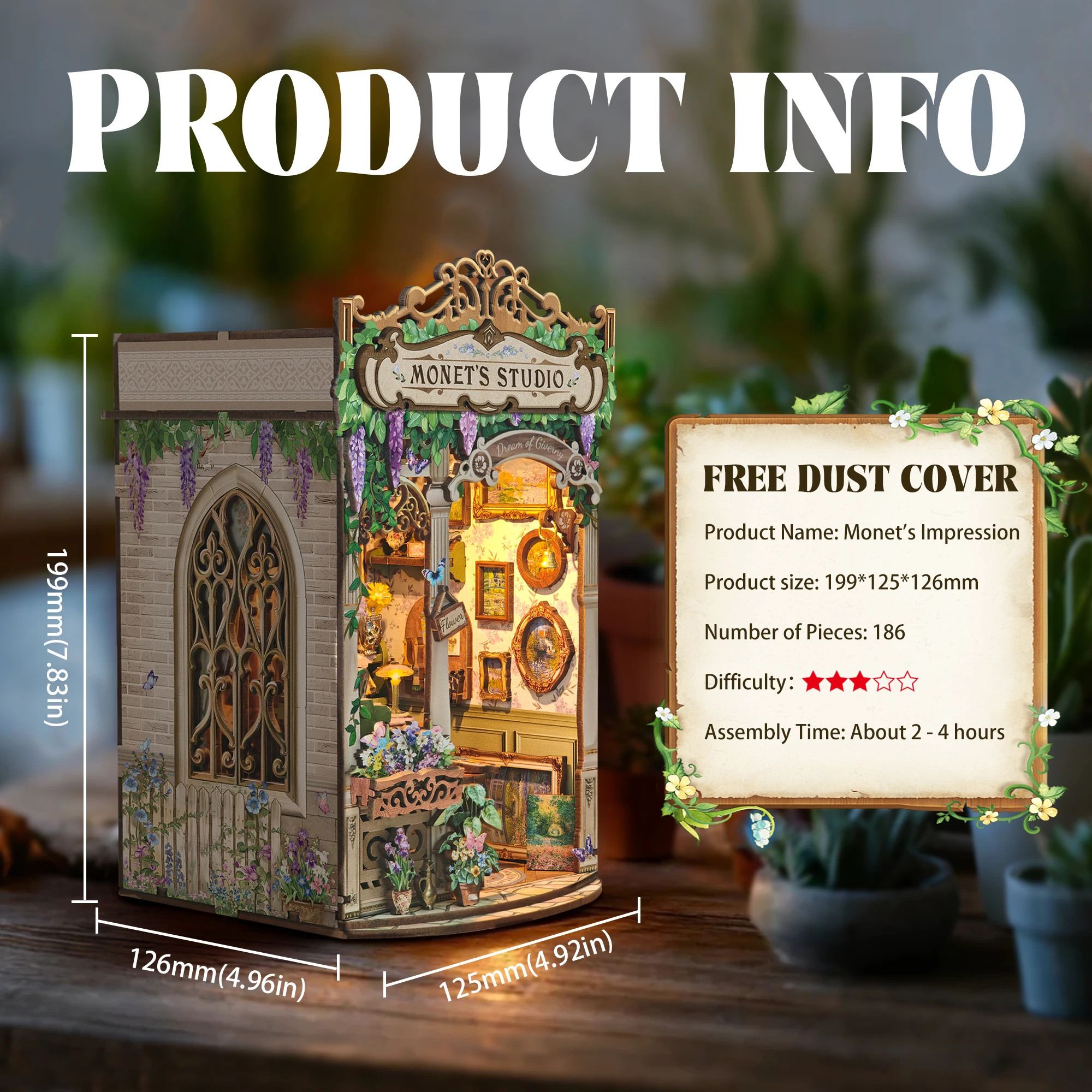 ชุดประกอบชั้นวางหนังสือไม้ DIY รูปแบบสตูดิโอของโมเนต์ พร้อมไฟและที่กั้นหนังสือรูปดอกไม้ เหมาะสำหรับเป็นของขวัญวันเกิดให้เพื่อน