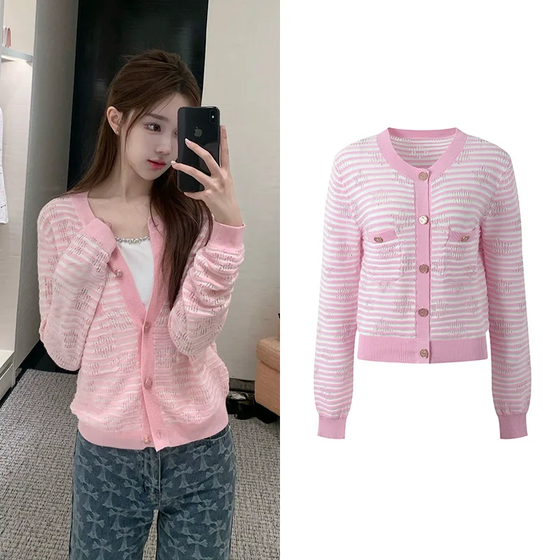 

Весна 2024, вязаный топ в розовую и белую полоску, круглый Ne Long Sve Embellied, универсальный женский свитер с вырезами