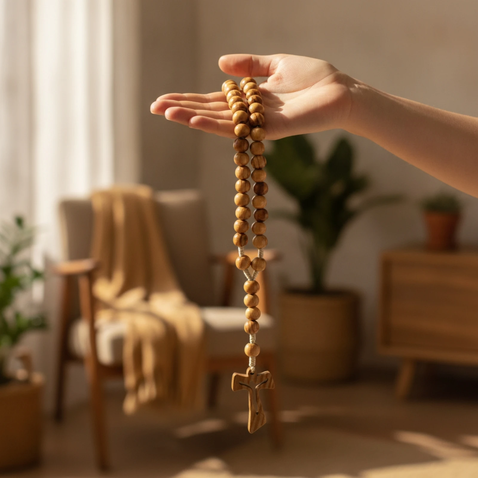 Wooden Rosary with Crucifix Religious Rosary Necklace with Cross Bead Necklace Polished Jewelry Lightweight for Prayer