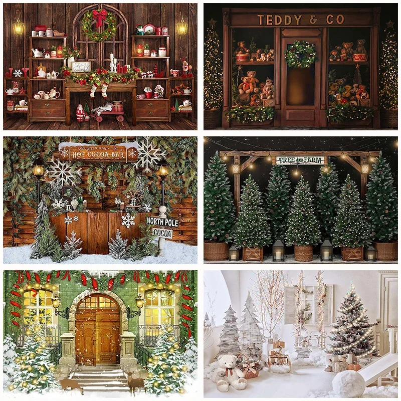 Christmas Gift Shop Snow House Photography Background Santa XMAS Tree New Year Backdrop Wreath Studio Prop Home Party Banner