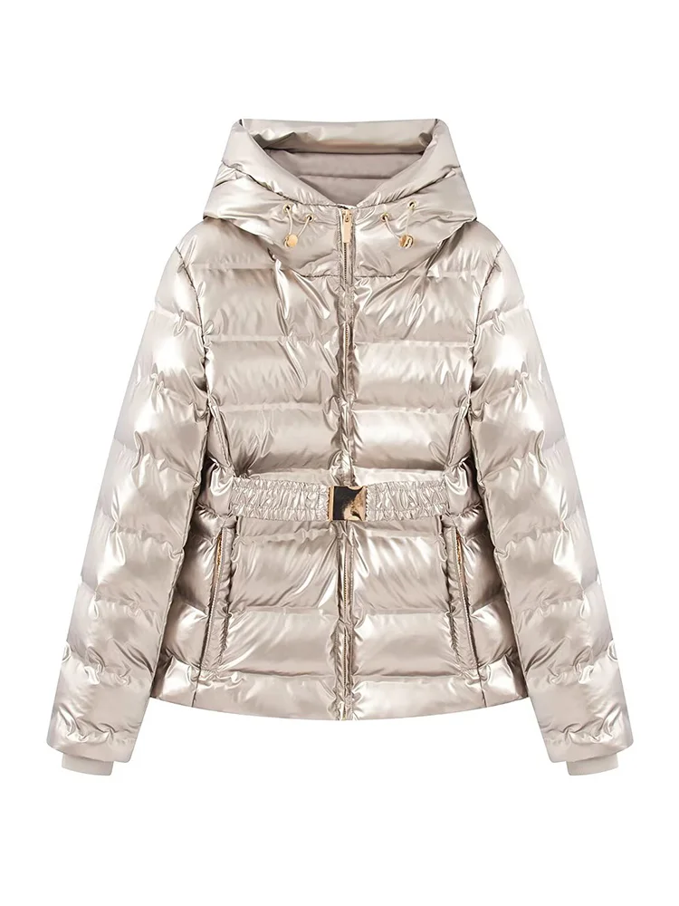 

HH Female Elegant Fit Short Windproof Hooded Thick Belt Pocket Decoration Long Sleeves Slim Jacket Woman Winter Cotton Clothes