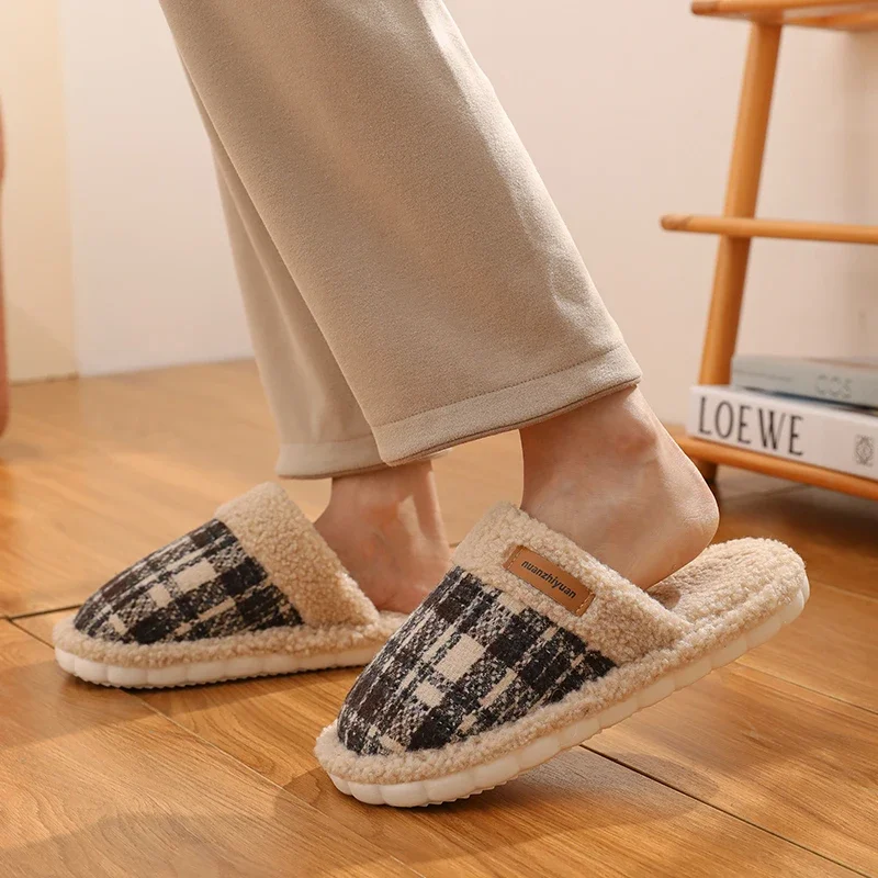 Women Warm Winter House Slippers Men Casual Home Outdoor Plaid Striped Shoes Couple Cozy Anti-slip Indoor Floor Footwear