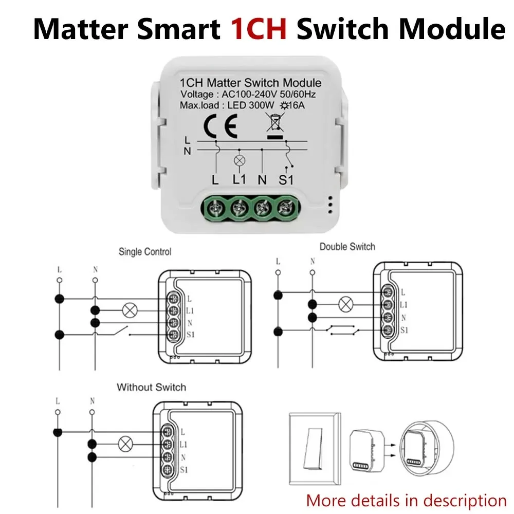 Matter 1-4CH Tuya WiFi Smart Switch Breaker Hidden Automation Relay Module Voice Control Work with Homekit Amazon Alexa Google