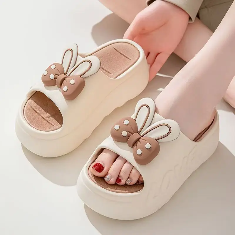 

Women's Bunny Ears High Heel Slippers Summer Height Increasing Indoor Slides Bow Clogs with Removable Insole Ladies Footwear
