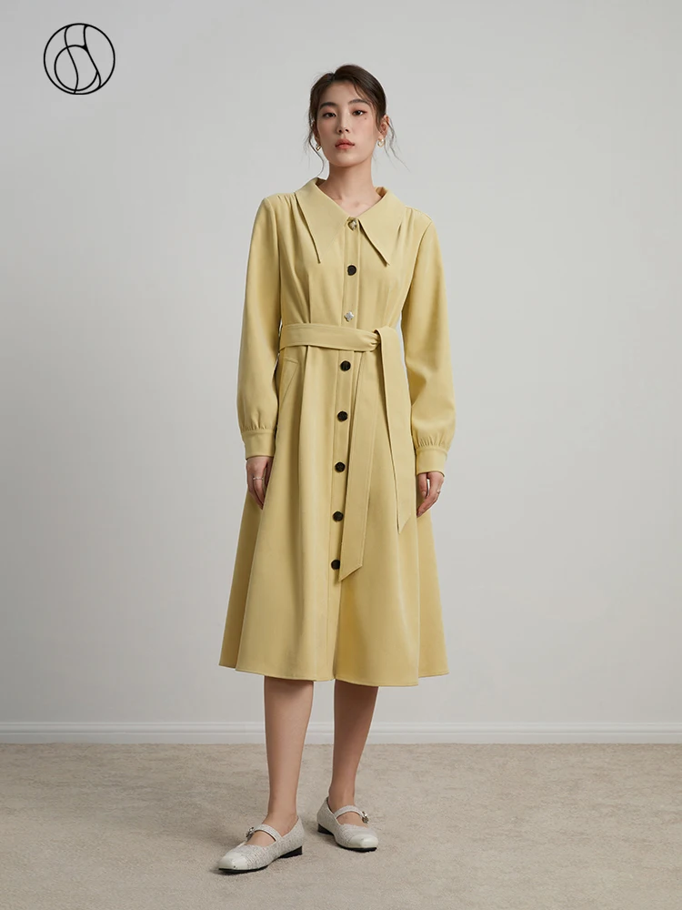 

DUSHU Office Lady Elegant Shirt Style Dress For Winter 2023 New Front Shoulder Loose Twill Matte Yellow Dress For Women Casual