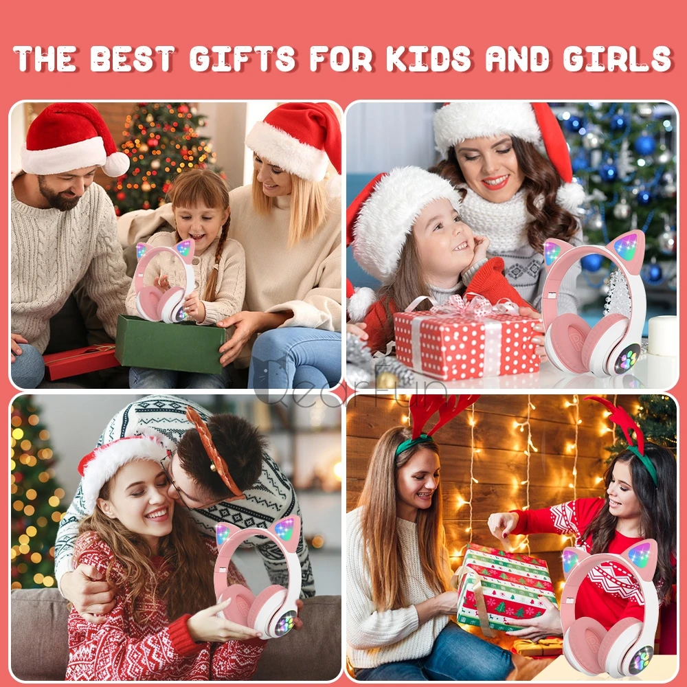 Qearfun Flash Light Cute Cat Ear Headphones Wireless with Mic Can close LED Kids Girl Stereo Phone Music Bluetooth Headset Gamer