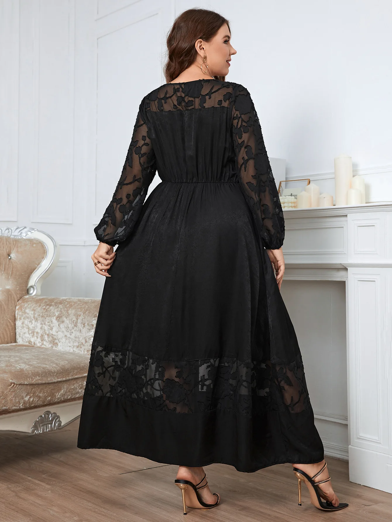 Plus Size Lace Dress For Women Sexy See Through Long Sleeves Robe Maxi Solid Color Dress Autumn Female Elegant Clothing Gown