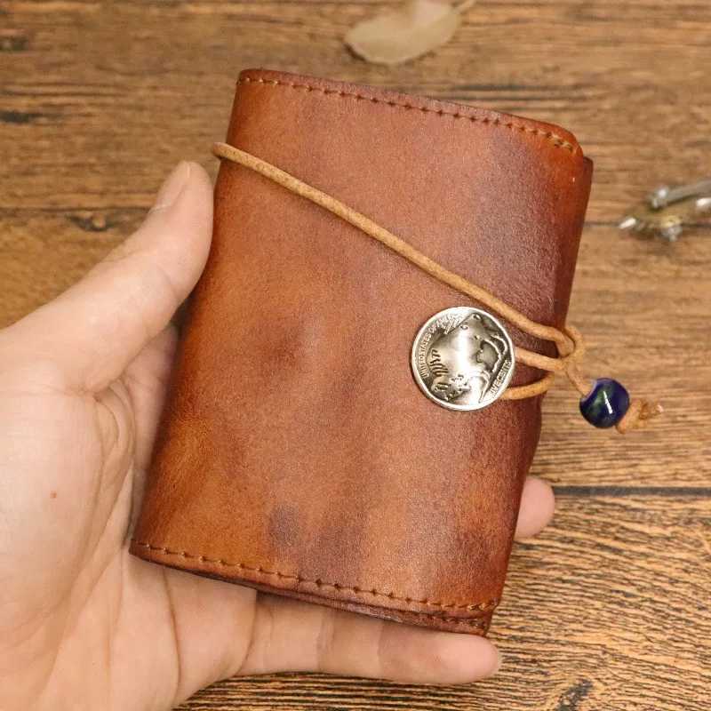 Handmade Genuine Leather Men Card Holder Small Wallets with Hasp Coin Pocket 2023 Vintage Drawstring Design Short Wallet for Men