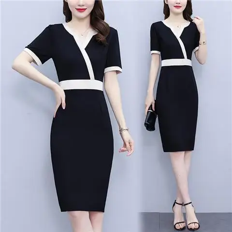 

Oversize Office Lady Slim Dresses 2024 Summer New Fashion V-neck Short Sleeve Elegant Package Hip Brief Female Dress