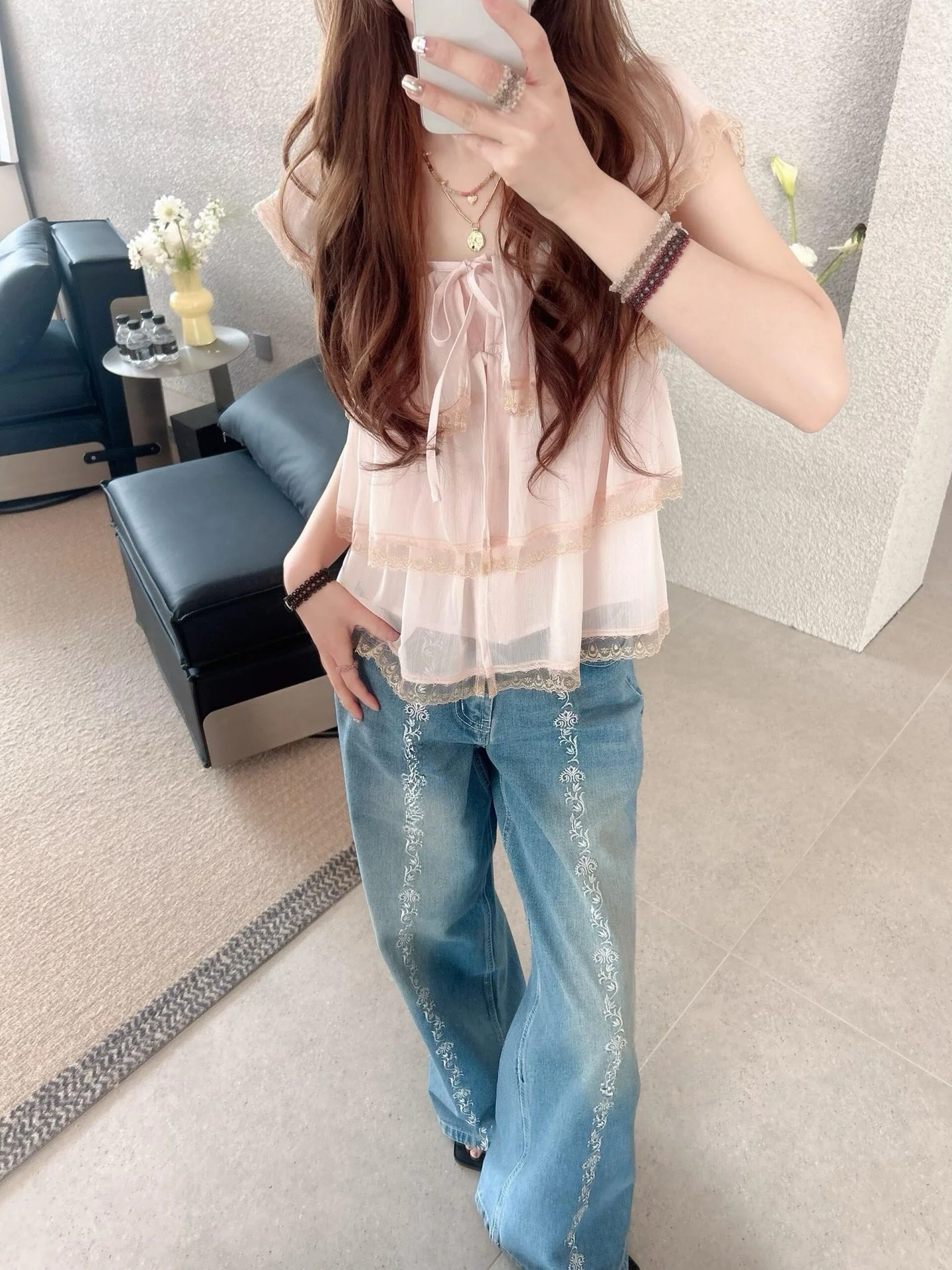 Women's Lace Patchwork Pullover Ruffles Layered Short Sleeve Square Collar Fashion Casual Top