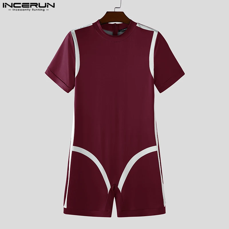 INCERUN الرجال داخلية المرقعة س الرقبة قصيرة أكمام تمتد الذكور Playsuits السروال القصير تجريب الشارع الشهير 2025 ارتداءها S-3XL
