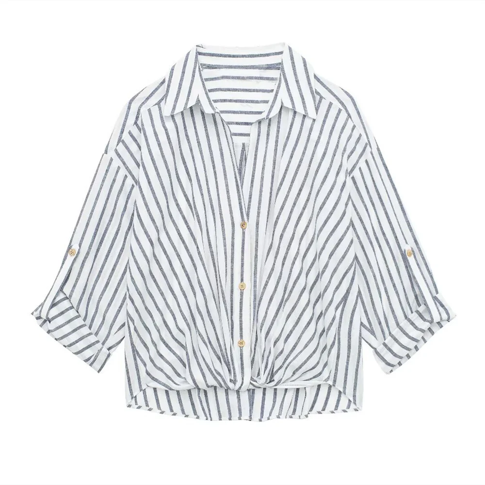 PB&ZA2024 Summer New Product Women\'s Wear European and American Style Casual Stripe Shirt Single breasted Top