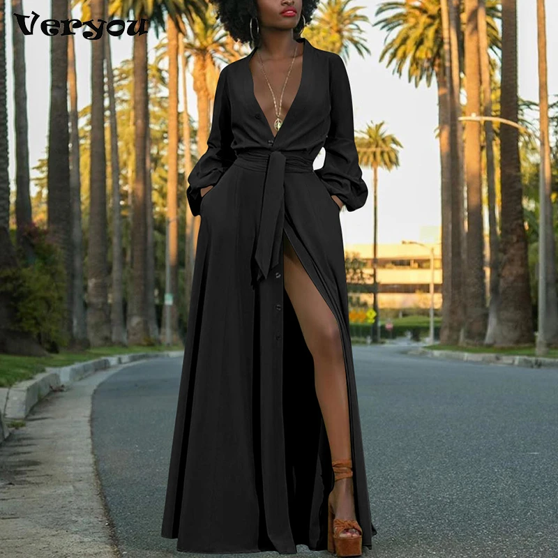 

2022 Summer Long Sleeve Sundress Women Bow Tie High Split Dress Fashion Sexy V Neck Solid Party Long Maxi Shirt Vestidos Solid