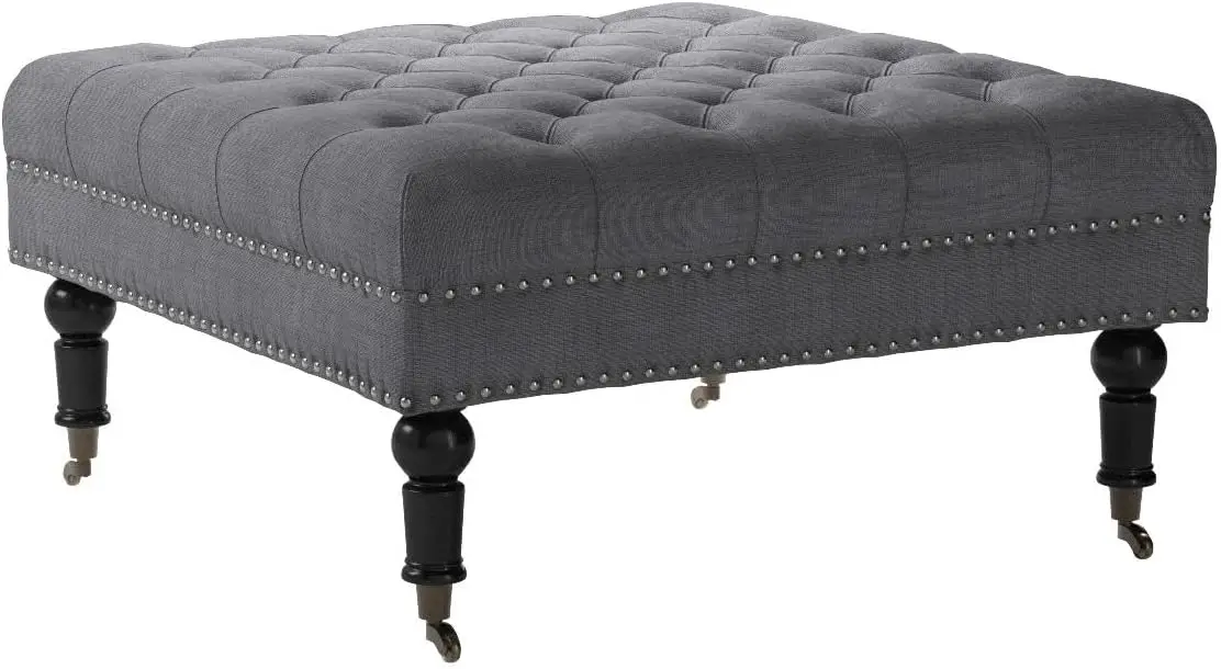 Modern 34 Inch Square Linen Ottoman with Caster Wheels, Contemporary Classic Footsool Bench with Button Tufted Top