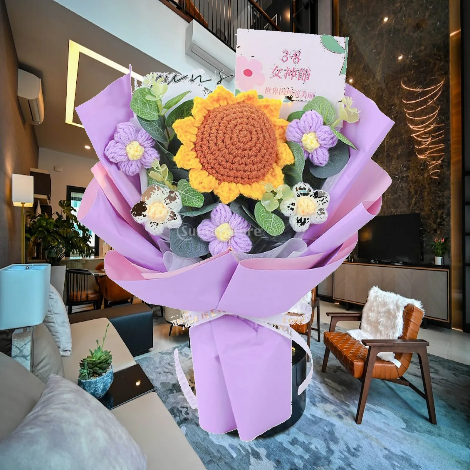 Crochet Bouquet Knitted Daisy Artificial Flowers Handmade Yarn Floral Arrangement for Mother Day Wedding Table Centerpiece Home