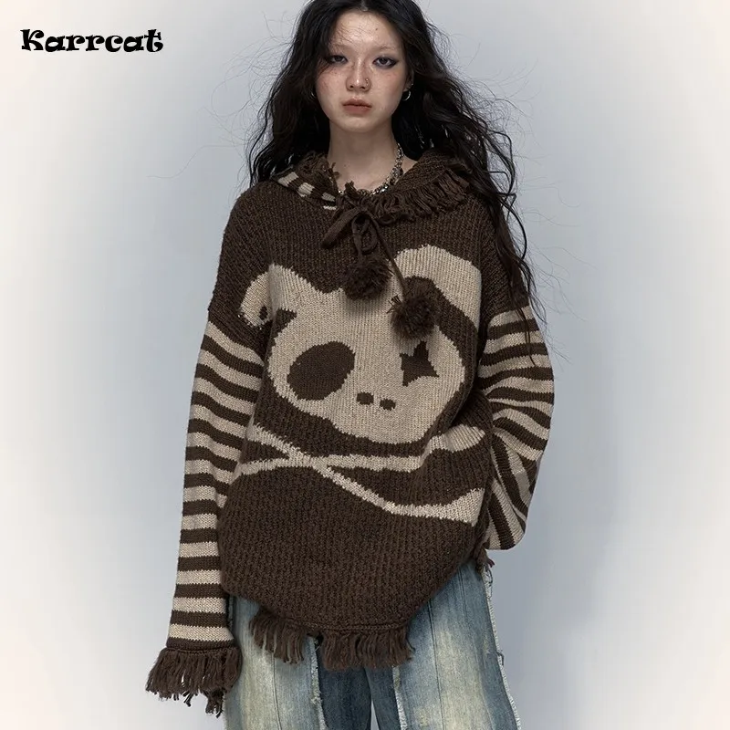 Karrcat Grunge Aesthetics Distressed Sweater Vintage Knitted Hooded Pullover Wasteland Punk Skull Embroidery Knitwear Gothic Y2k