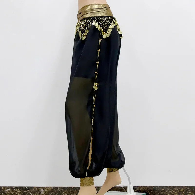 กางเกงชุดเต้นระบำหน้าท้อง แฟชั่นประดับเลื่อมผ้าชีฟอง ตกแต่งเหรียญห้อยระย้า กางเกงทรงโคมไฟ ชุดแสดงเต้นรำ กางเกงเต้นรำสำหรับผู้ใหญ่