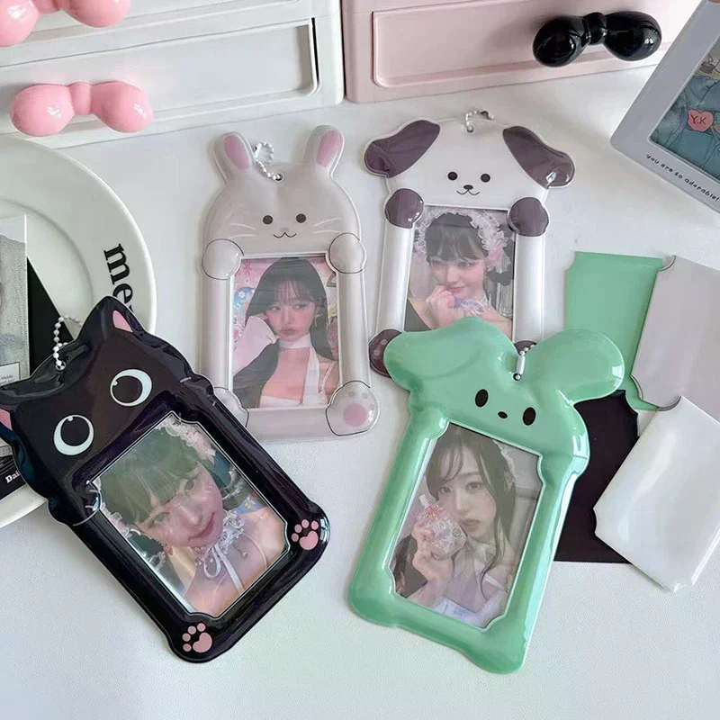 Korean PVC Photocard Holder With Keychain Y2K Photo Card Holder Kpop Charm Holders Lovely Cartoon Animal Photo Card Keychain