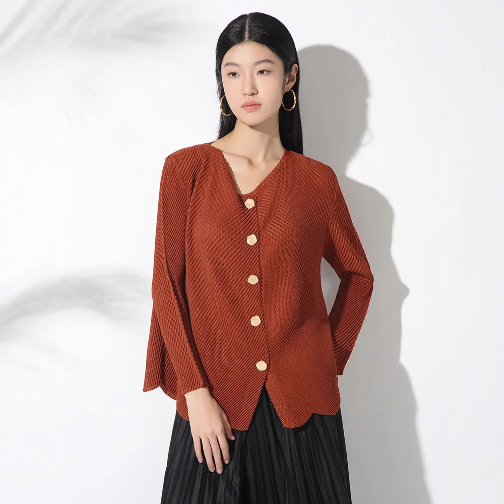 Women's blouse Miyake Pleated Stylish high-stretch O-neck long-sleeved single-breasted coat