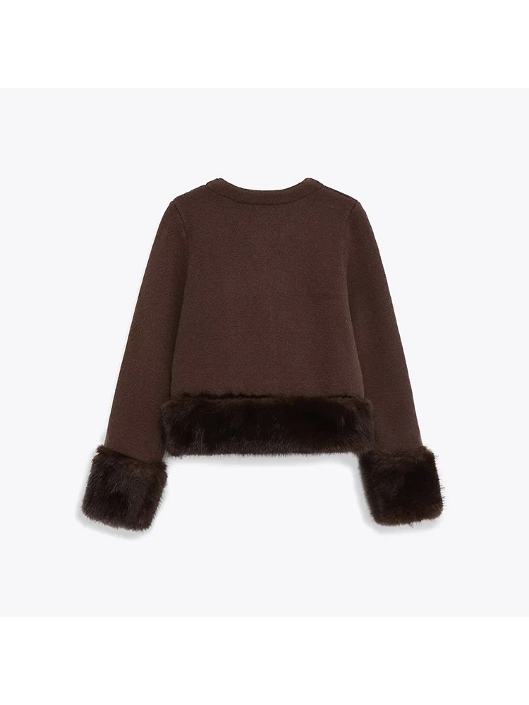 Kardigan rajutan patchwork efek bulu imitasi warna solid yang modis dan serbaguna bergaya Eropa untuk wanita.