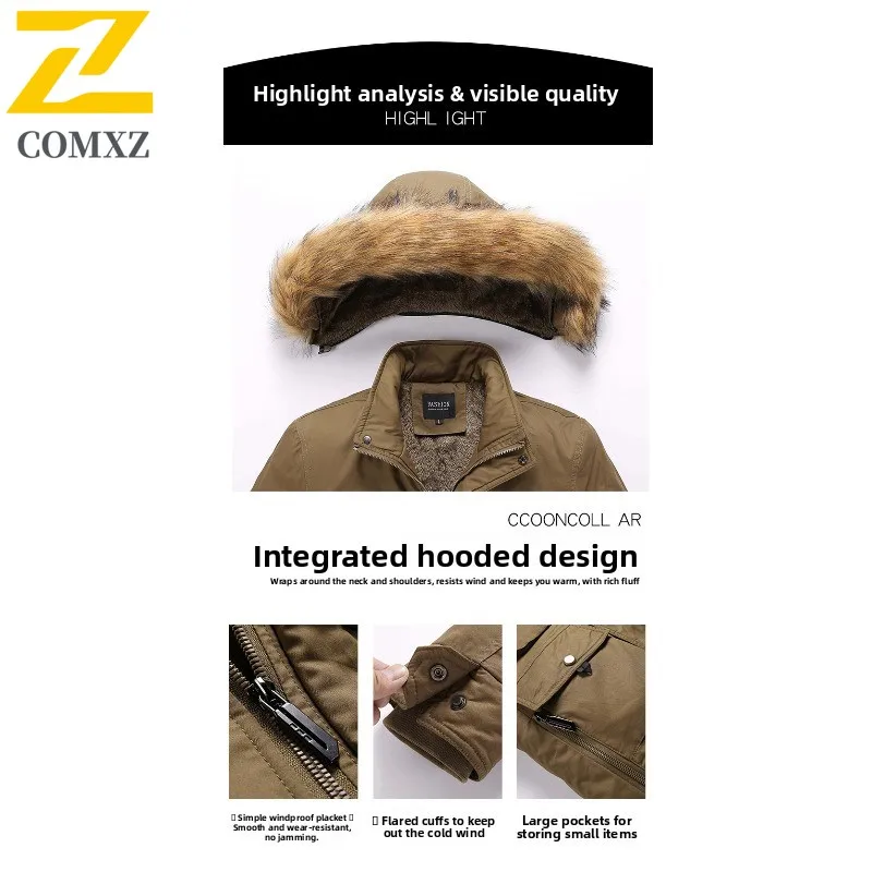 2025 Men's Autumn Winter Jacket Fleece Lined Warmth Pure Cotton Thickened Cotton Mid-Length Coat Outdoor Sports Fishing Parka