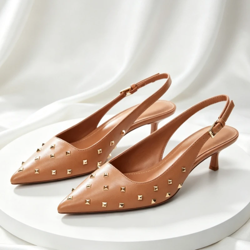 

Luxury Metal Rivet Decoration High Heels Women High Quality Leather Pointed Toe Designer Pumps Elegant Slingback Heeled Shoes