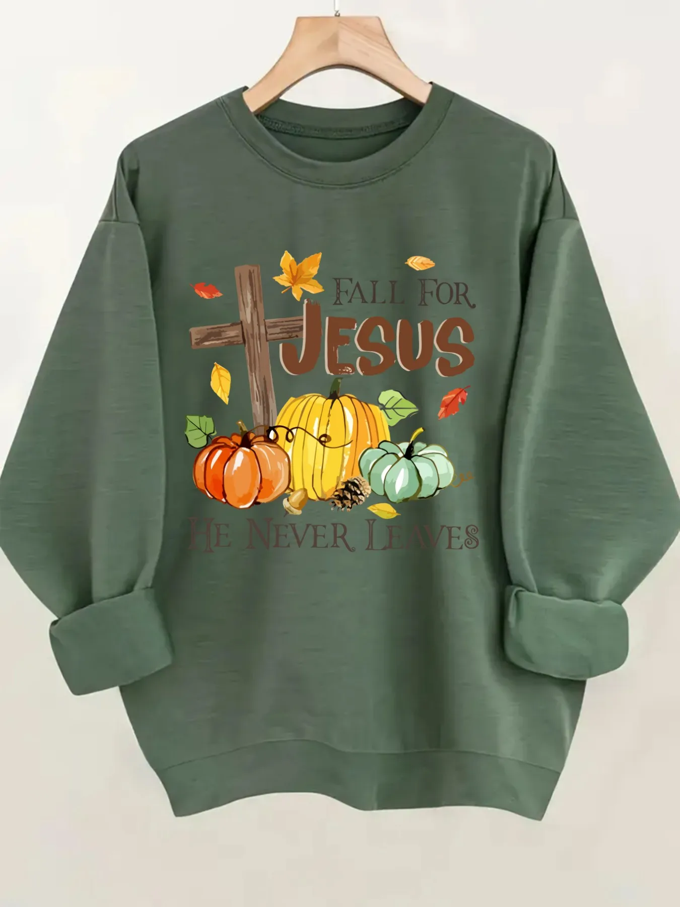 Women's Crew Neck Pullover Sweatshirt Fall For Jesus Design, Soft Casual Long Sleeve, Daily Casual Top Outfit, Winter Women's Clothing, Thanksgiving Outfit