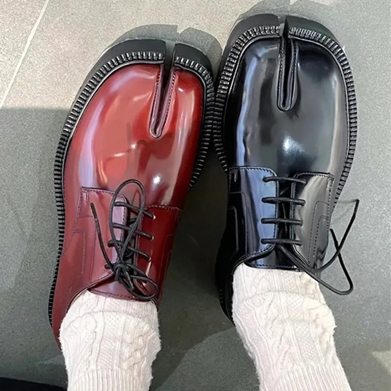 Lace-up Loafers Shoes For Women Split Toe Solid Color Mid Heel Designer Brand Female Shoes British Style Elegant Leisure Outdoor