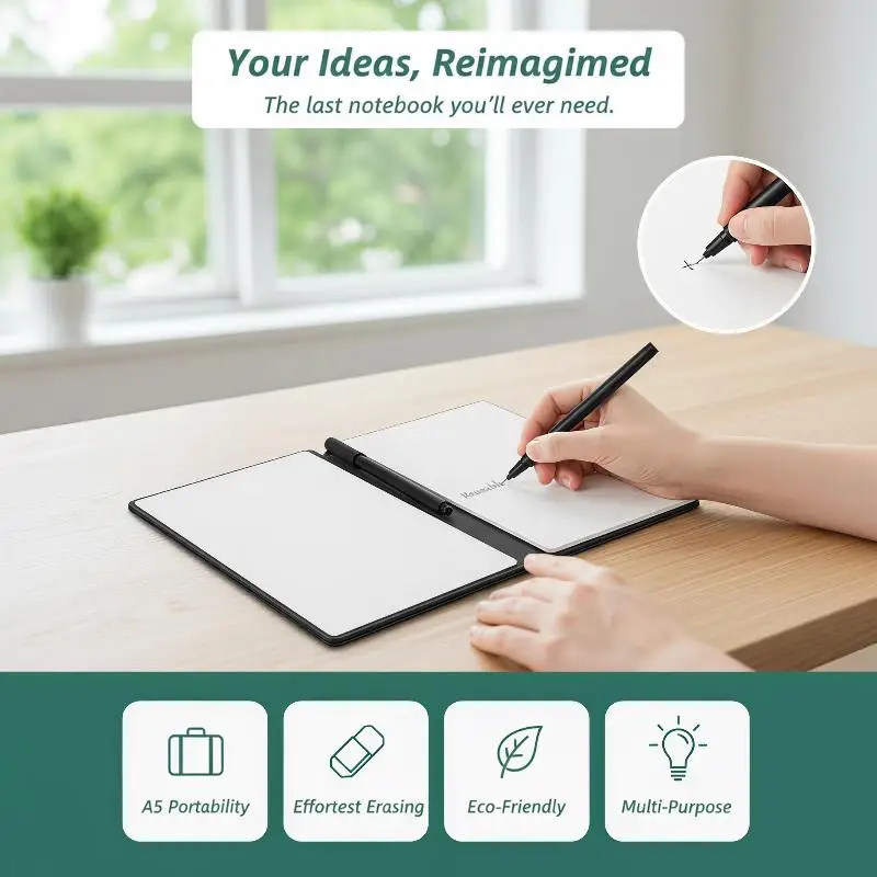 A5 Reusable Whiteboard Notebook Kit with Pen Eraser Cloth Soft Leather Cover for Office Meeting School Study Memo Writing
