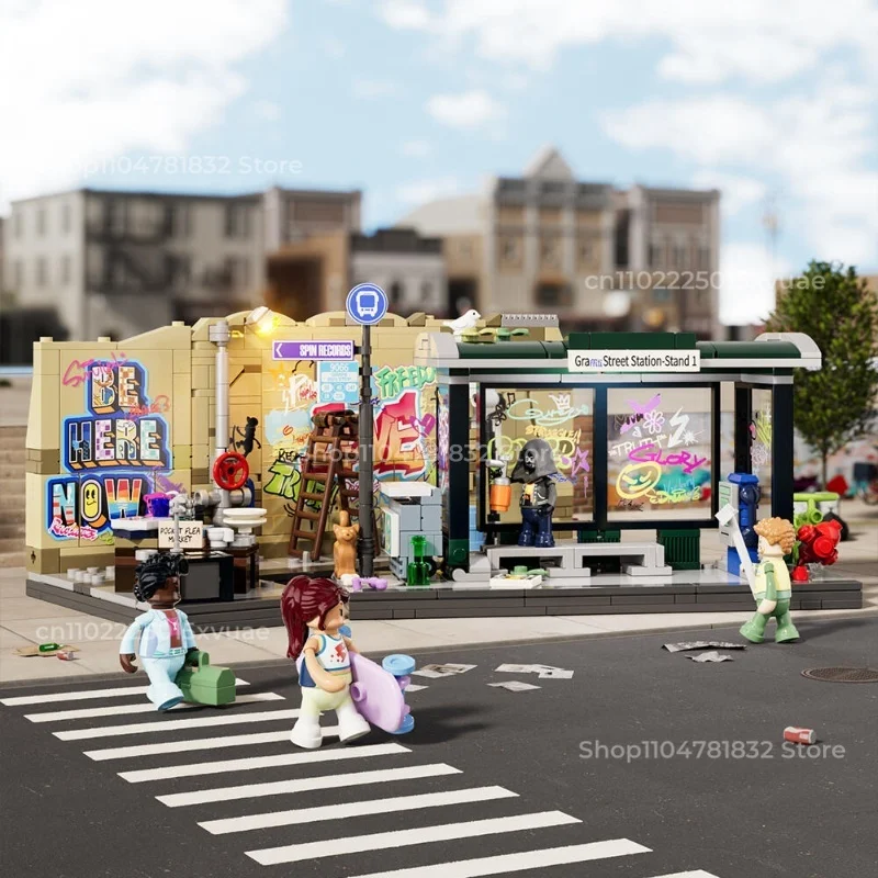 아메리칸 스트리트 시리즈 빌딩 블록 낙서 버스 정류장 거리 장면 조립 모델 도시 교육 장식품 컬렉션 선물