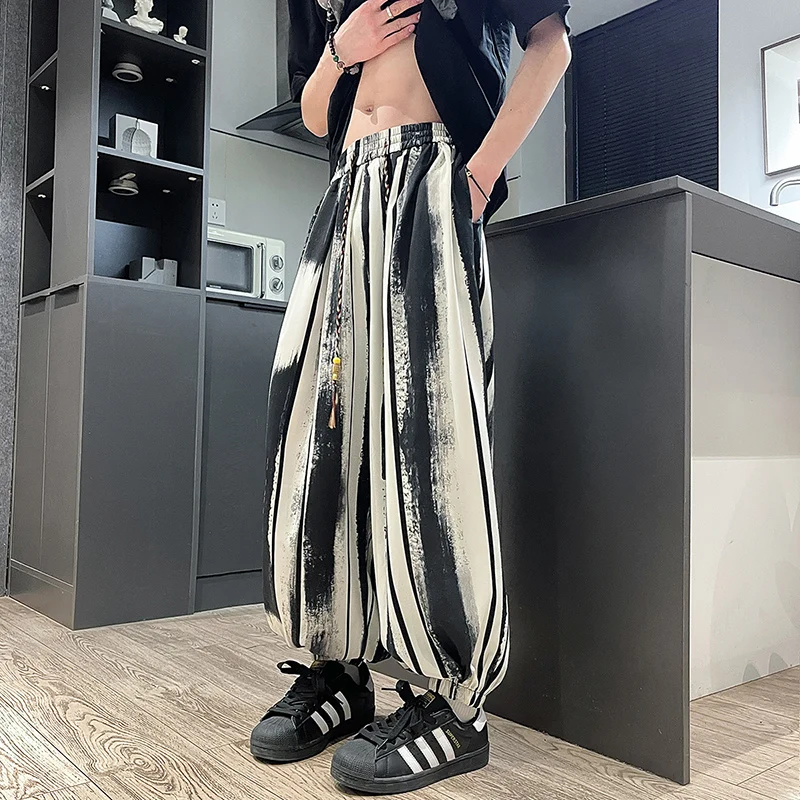 

M-5XL Plus Men's Elastic Waist Drawstring Striped Print Loose Fit Wide Leg Lantern Pants Casual Boho Streetwear Jogger Trousers