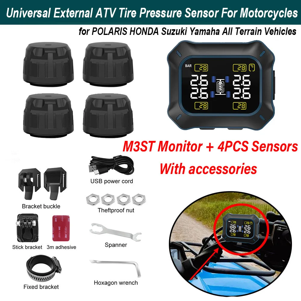 

Внешняя система контроля давления в шинах для мотоциклов TPMS ATV M3ST, ЖК-дисплей, 4 датчика, шнур питания USB, пряжка кронштейна...