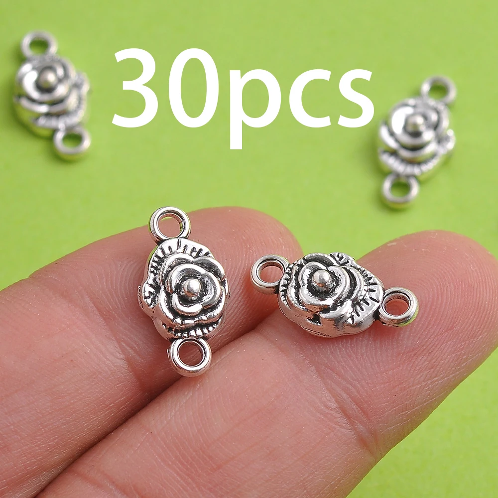 30 piezas de colgantes tridimensionales de rosas con doble orificio, colgantes conectores de flores de rosa vintage en relieve, adecuados para pulseras, collares y pendientes DIY, accesorios de joyería vintage hechos a mano con cuentas.
