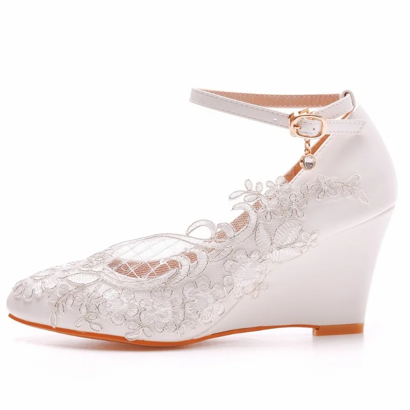 Woman Pumps Brand Design Lady Round Toe Lace Buckle Strap PU 8CM Wedges Lady Wedding Korean Style Women Shoes White