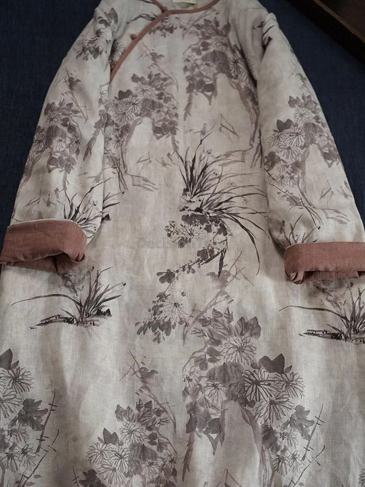 

2025 winter retro cotton linen qipao chinese ancient style ink printing diagonal buckle qipao elegant temperament cheongsam