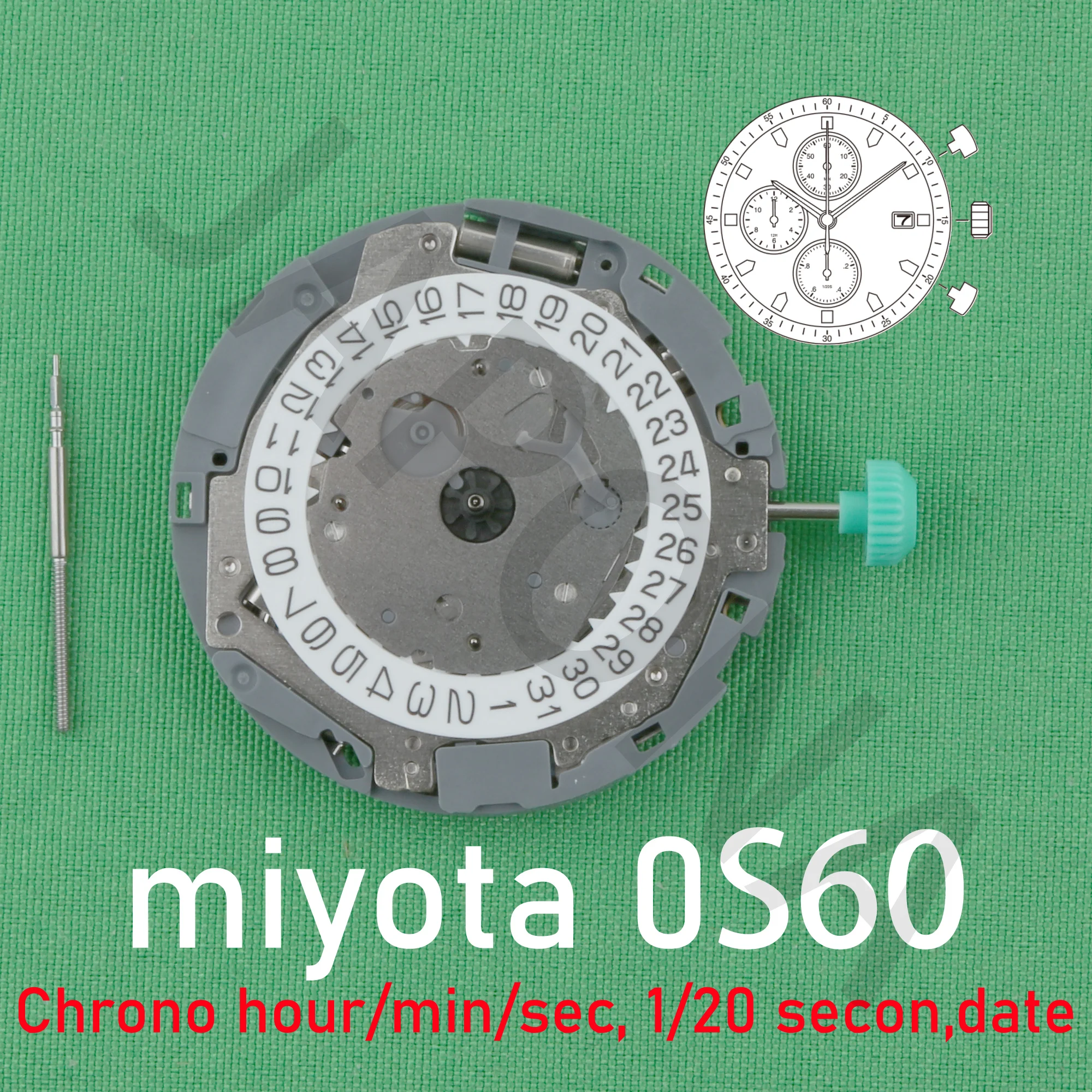 0s60 movement miyota 0S60-3 movement Chronograph movement  Chrono hour/min/sec, 1/20 second Date  miyota OS60 OS6O