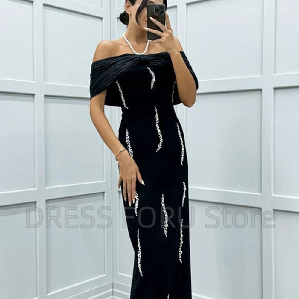 Modern Beading Straight Evening Dress Off the Shoulder Short Sleeves with Pleat Sheath Women Floor Length Back Slit Party Gowns