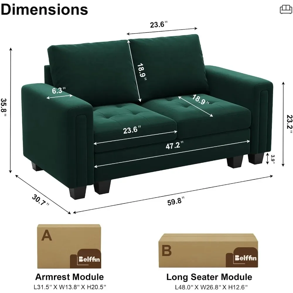 Velvet Modular Loveseat Sofa Couch 2 Seater Sofa Love Seats for Small Space Green