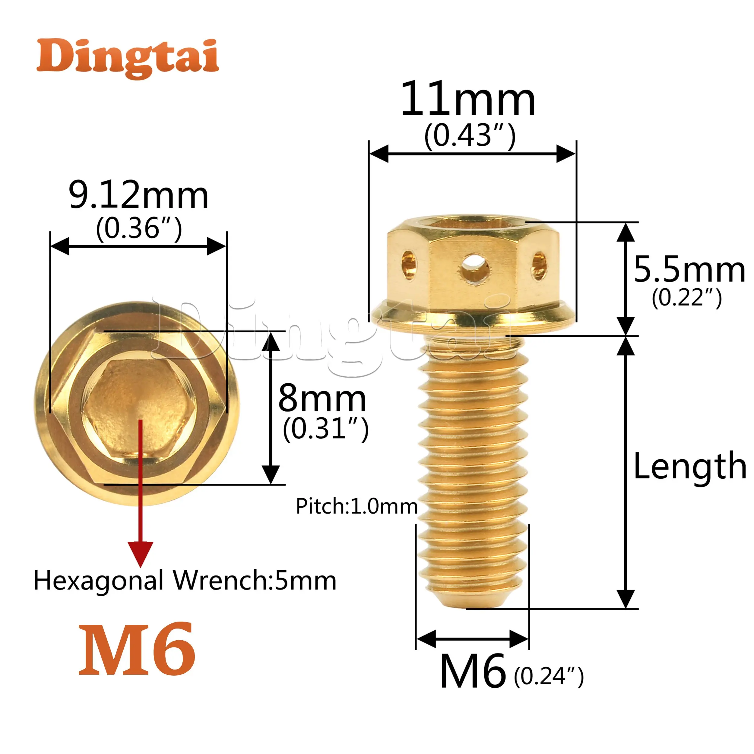 Dingtai 10PCS Titanium Bolt M6/M8x15 20 25 30 35 40 45 50 55 60mm Hexagon Flange Head Fastener for Motorcycle Disc Brake Screw