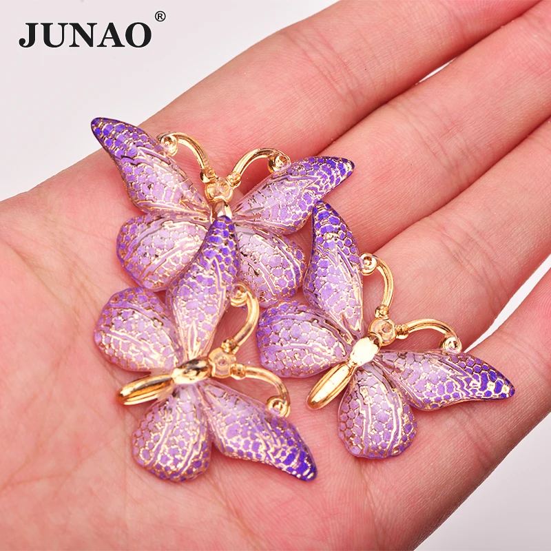 JUNAO 25*38mm Purple AB Sewing Butterfly Rhinestones Crystal Stones Applique Flat Back Resin Scrapbook Strass For Crafts