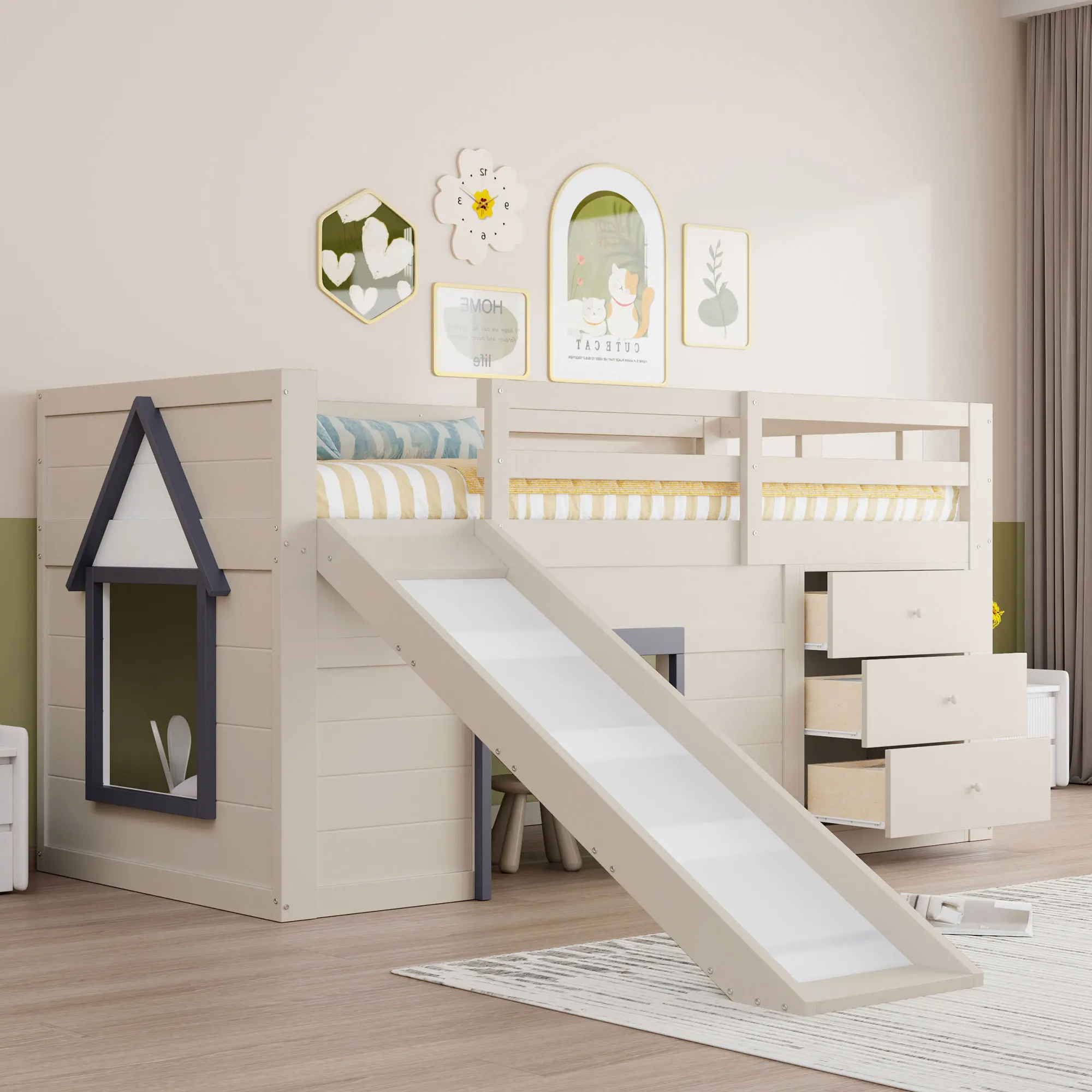 Okwish hoogslaper 90x200 met glijbaan, lades, crèmekleurig