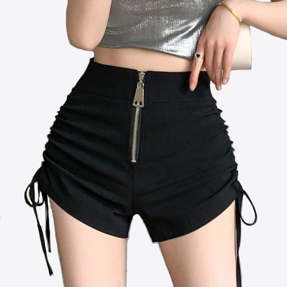 Женские корейские сексуальные шорты на шнурке в стиле Харадзюку, брюки для йоги с высокой талией на молнии и шнуровкой, женские узкие уличные шорты с подтяжкой бедер